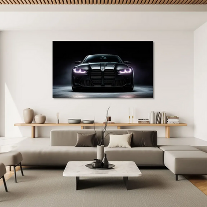 High-contrast wall art showcasing a performance car against a black background