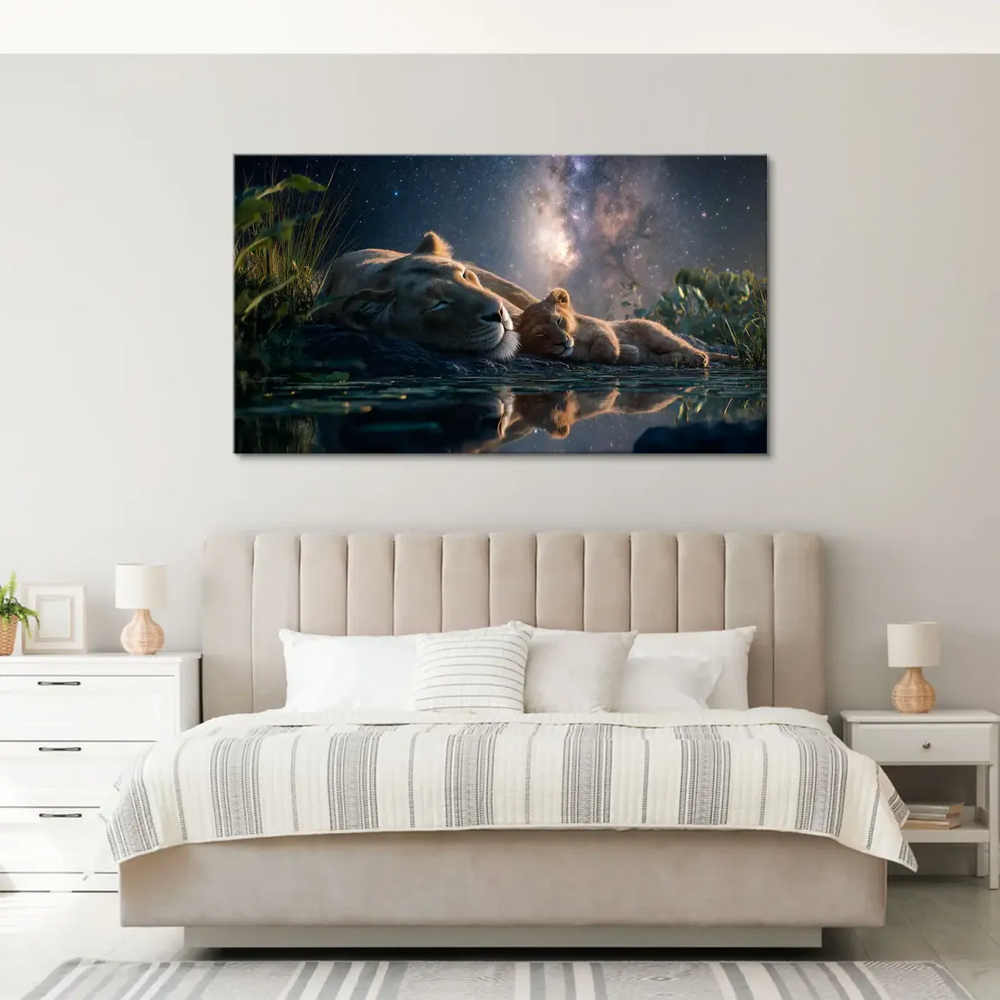 Dark blue and purple celestial backdrop with green foliage framing the scene.