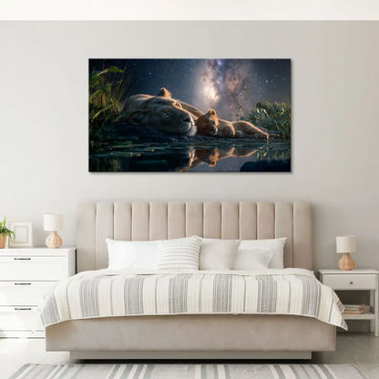 Dark blue and purple celestial backdrop with green foliage framing the scene.
