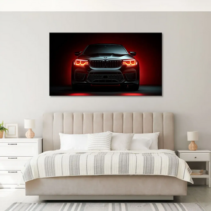 Bold automotive wall art showing BMW M5 in black with dramatic lighting