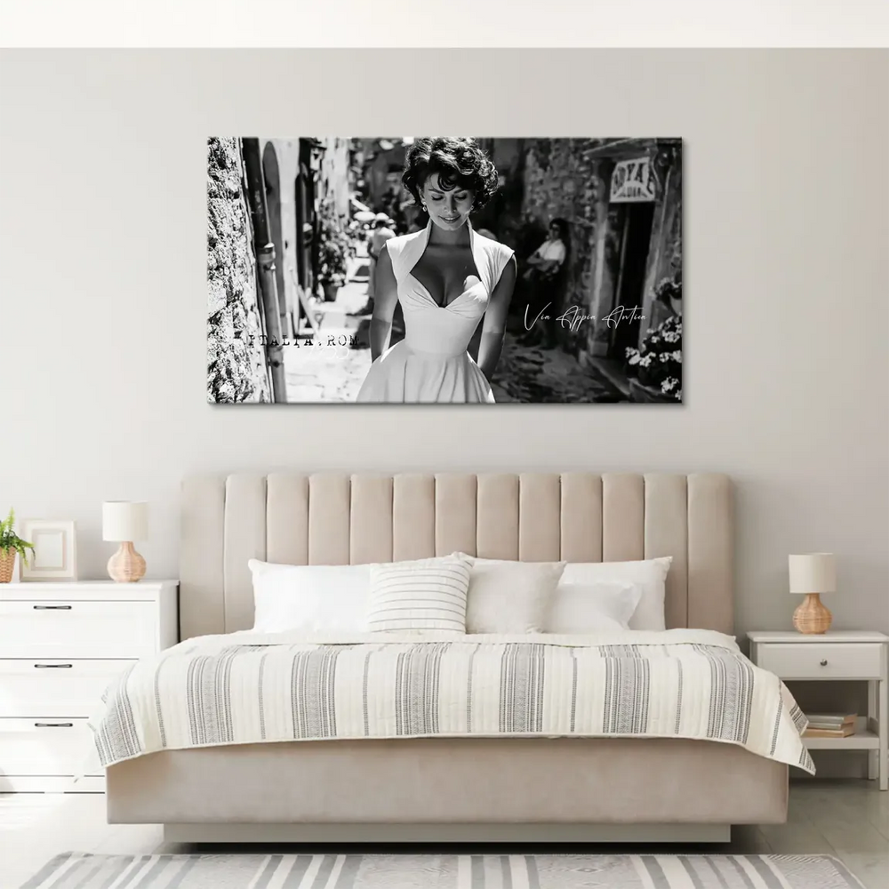 Vintage black-and-white wall art of Sophia Loren on a sunlit Roman street