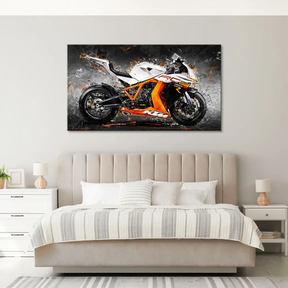Urban-inspired abstract wall art with motorbike motif and industrial tones.