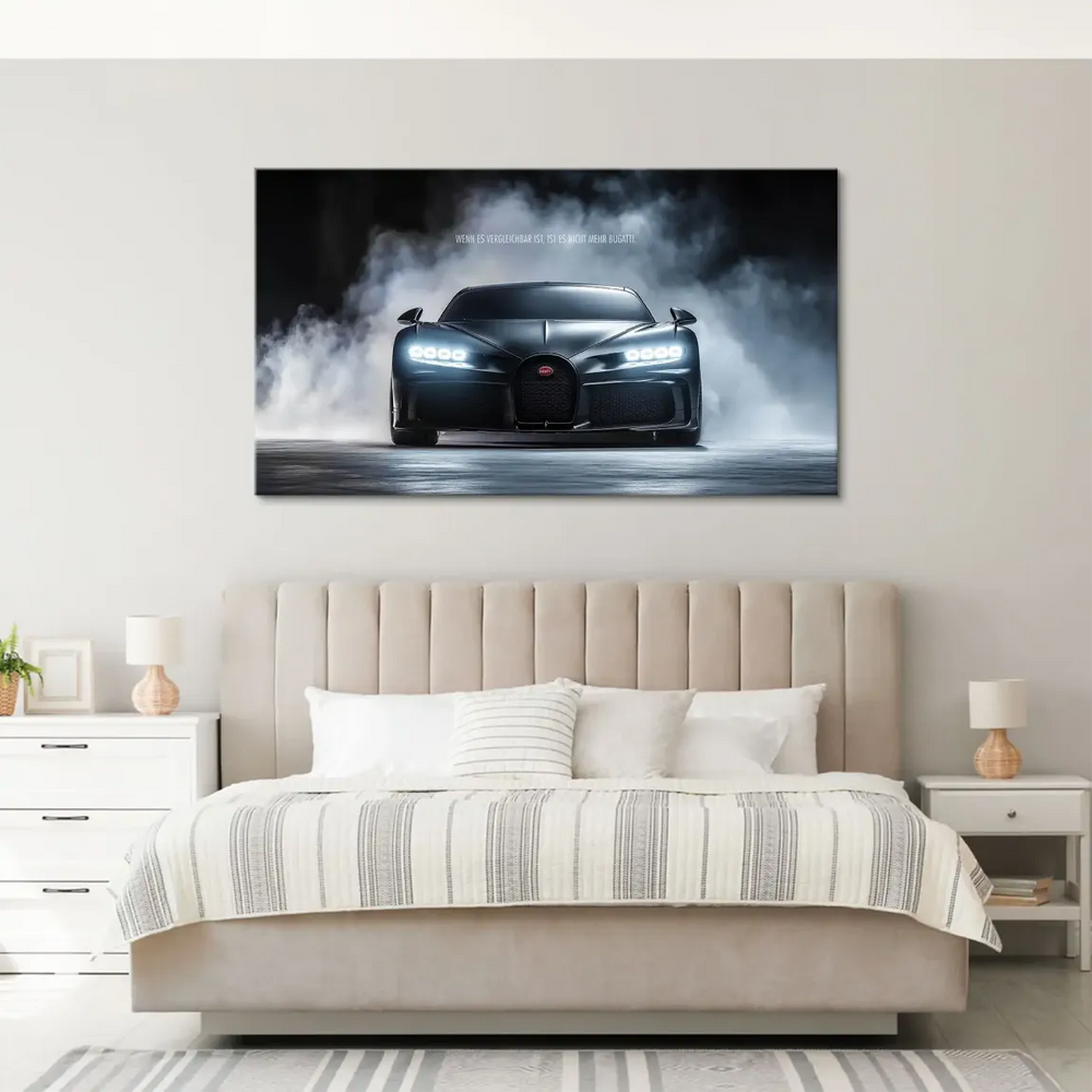 Low-angle, symmetrical view of the Bugatti Chiron on canvas