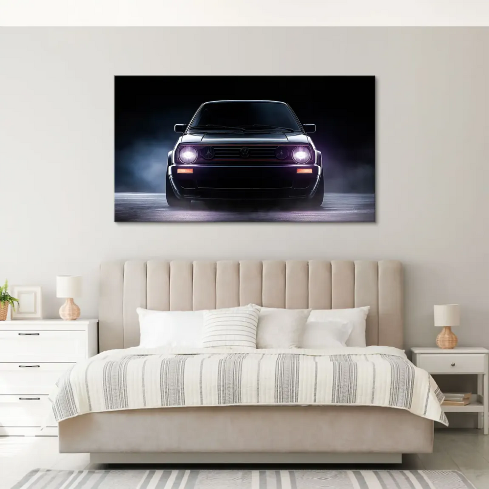 Vibrant automotive art featuring dark tones, purple headlights, and orange indicators reminiscent of the 80s hot hatch era.