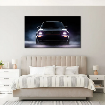 Vibrant automotive art featuring dark tones, purple headlights, and orange indicators reminiscent of the 80s hot hatch era.