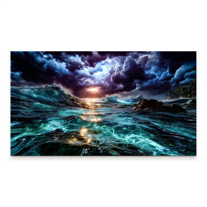 Teal and deep blue ocean waves crash beneath a dark stormy sky with orange-gold sunset reflecting on the water.