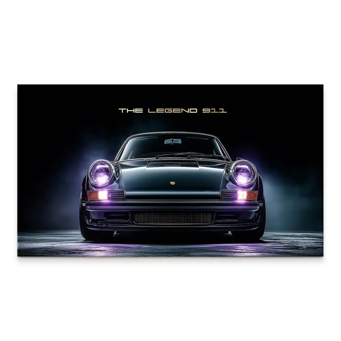 Front-facing Porsche 911 canvas print in deep metallic black with gold THE LEGEND 911 text.