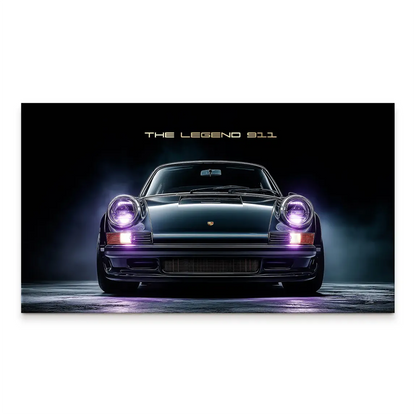 Front-facing Porsche 911 canvas print in deep metallic black with gold THE LEGEND 911 text.