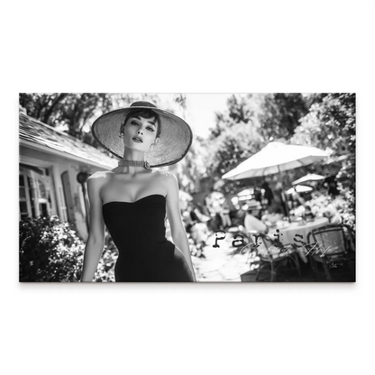 Glamorous Audrey Hepburn-inspired woman in a strapless black dress with a wide-brim hat on a black-and-white canvas with Parisian cafe backdrop