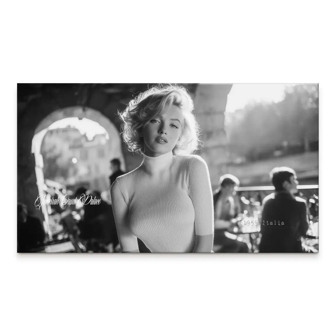 Black and white Marilyn Monroe canvas portrait with archway and street figures in Italy