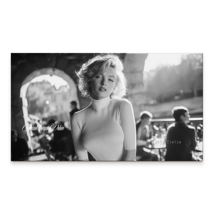Black and white Marilyn Monroe canvas portrait with archway and street figures in Italy