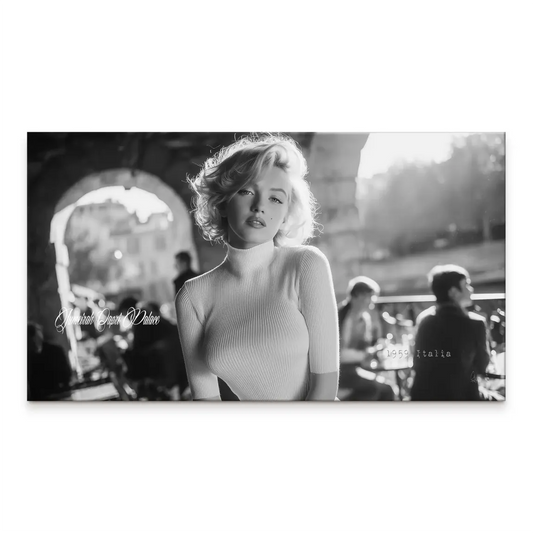 Black and white Marilyn Monroe canvas portrait with archway and street figures in Italy