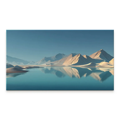 Silent Horizons canvas print showing a serene minimalist landscape with pale mountains reflected in a tranquil lake.