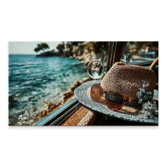 Blue Moments Canvas Print – straw hat and sunglasses on warm wooden ledge with blue sea