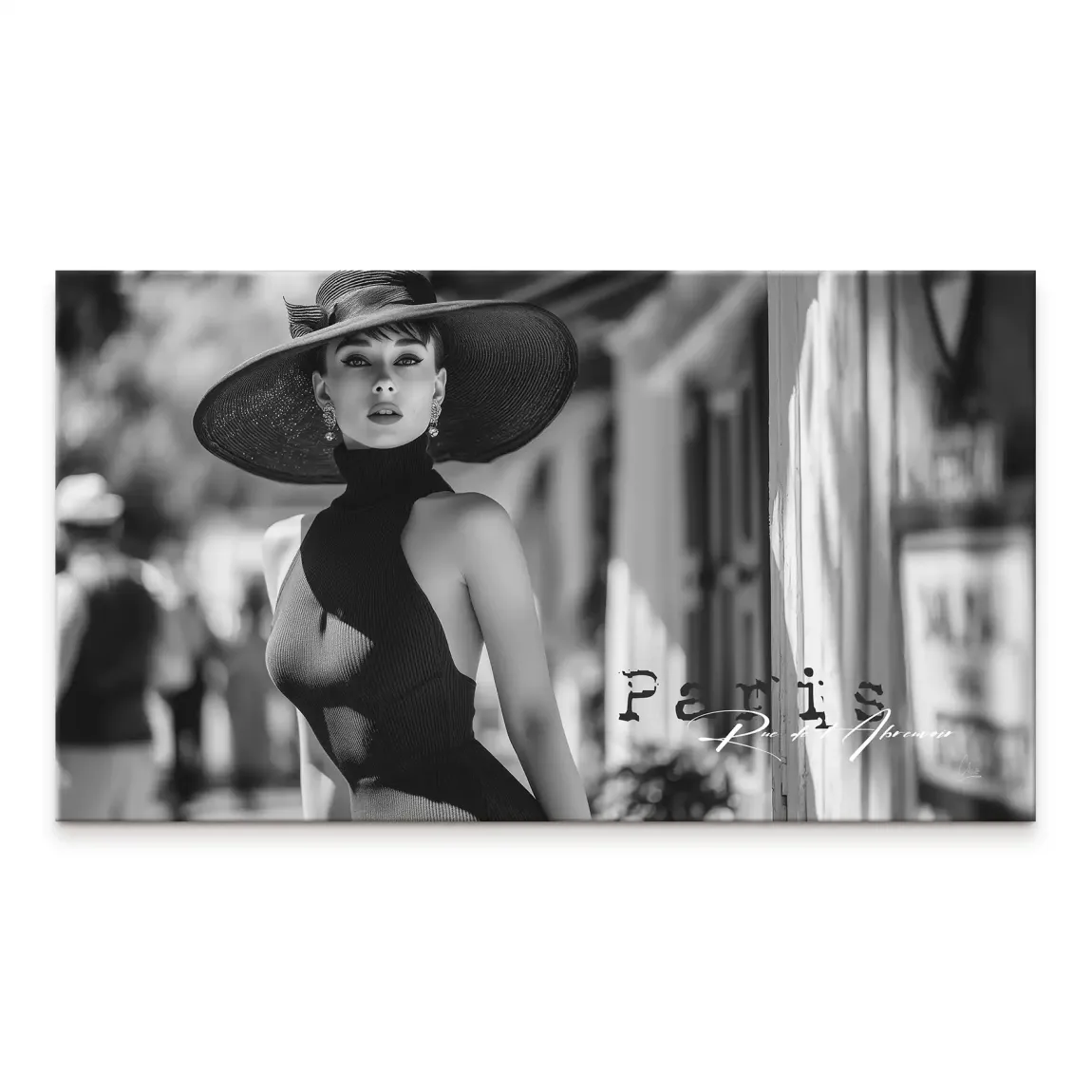 Audrey Hepburn-inspired woman in a high-neck top and wide-brimmed hat on a black-and-white Paris street canvas.