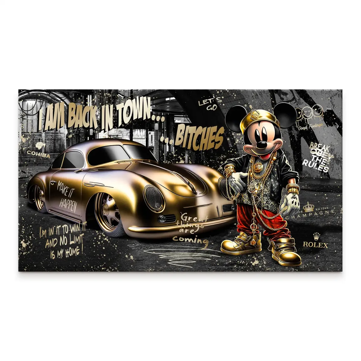 Front view of Mickey Gold 356 Porsche canvas art featuring a gold Porsche 356 beside a crowned Mickey Mouse on a graffiti background