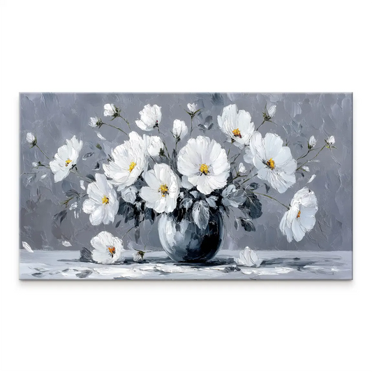 Monochrome floral canvas with white blossoms in a dark vase, featuring textured palette knife strokes.