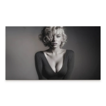 Black-and-white portrait of a glamorous woman with blonde curls against a dark moody background.