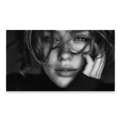 Black and white close-up portrait of a young woman with windswept short hair and freckles