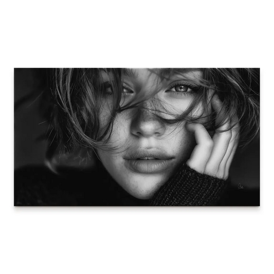 Black and white close-up portrait of a young woman with windswept short hair and freckles