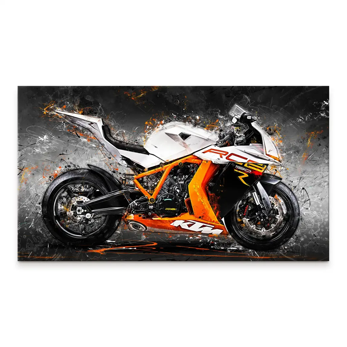 Abstract KTM RC8 motorcycle canvas wall art featuring an orange and white bike against a grey textured background.