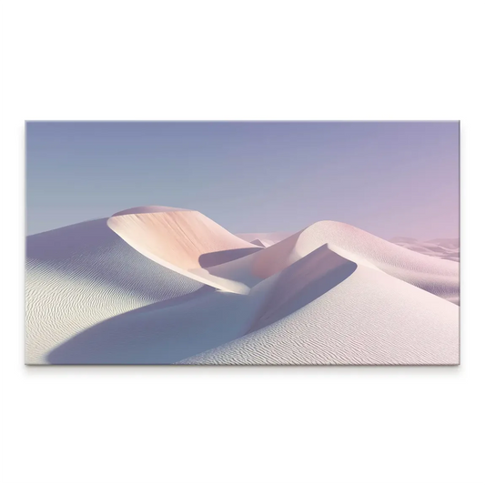 White Sand Canvas Picture featuring a minimalist desert landscape with soft white dunes and pale peach and lavender tones under a pale blue sky.