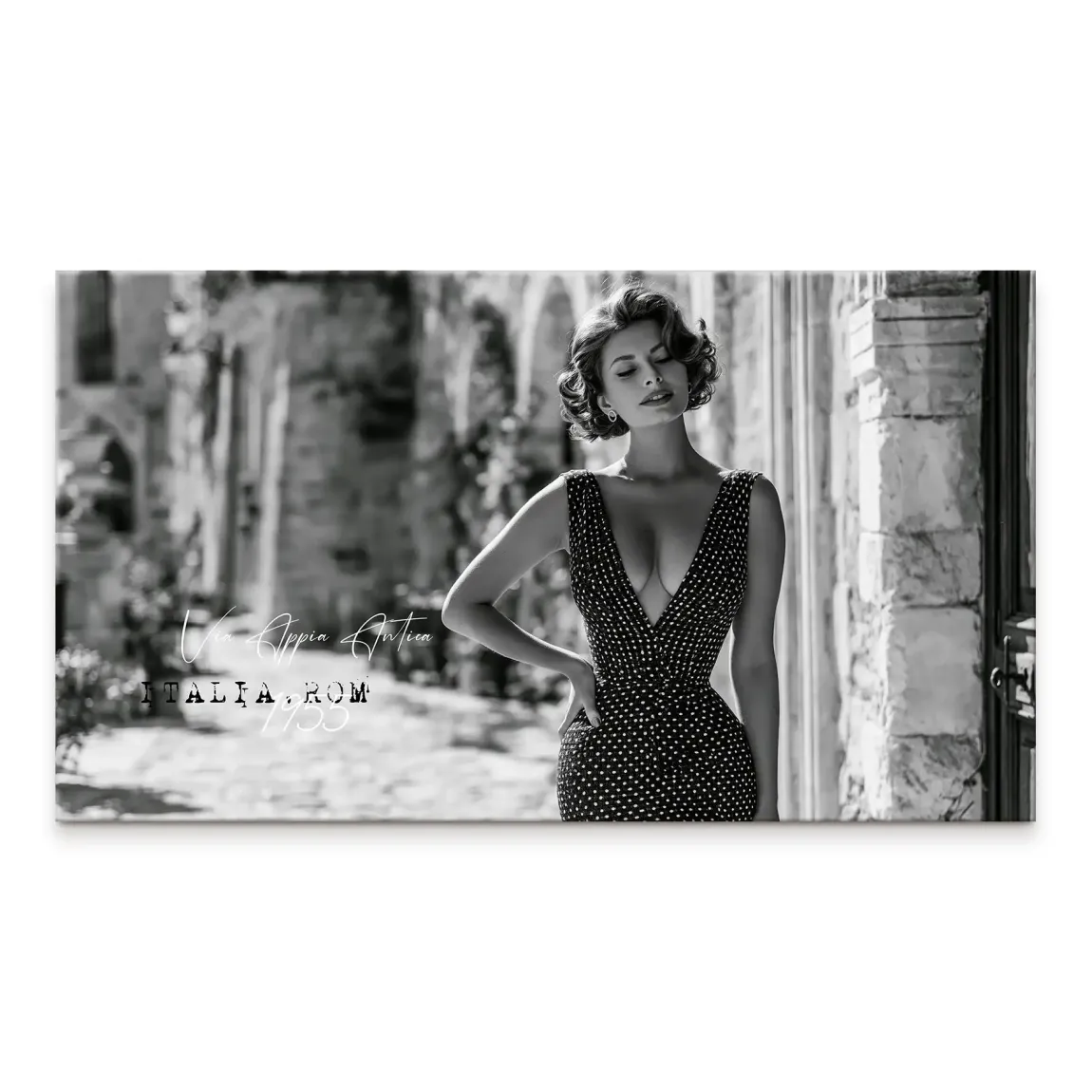 Black-and-white canvas print of a glamorous 1950s diva in a polka-dot dress near Rome's Via Appia Antica arches