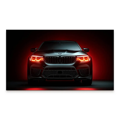 Front view of sleek black BMW M5 canvas print with glowing red headlights