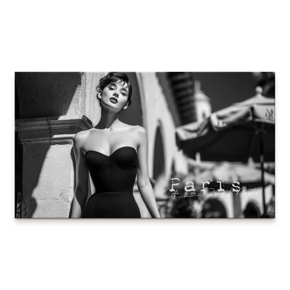 Black-and-white portrait of a glamorous woman in a strapless dress against a sunlit Paris cafe backdrop, featuring the Paris cafe Les Deux Magots text