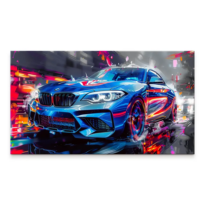 Blue BMW M2 abstract vision wall art featuring neon motion trails against an urban backdrop.