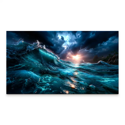 Dramatic teal-sea waves crash beneath a stormy sky with a fiery sunset glow.