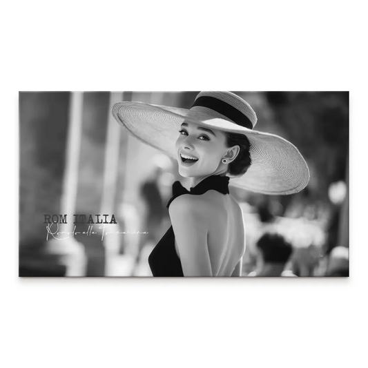 Black-and-white canvas featuring Audrey Hepburn in a chic black outfit with a wide-brim hat