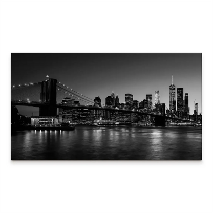 Manhattan Prestige Canvas Art – New York City night skyline with Brooklyn Bridge and One World Trade Center (black and white).