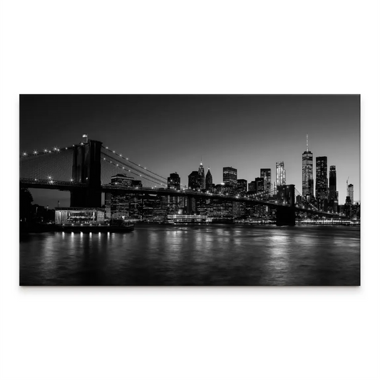 Manhattan Prestige Canvas Art – New York City night skyline with Brooklyn Bridge and One World Trade Center (black and white).
