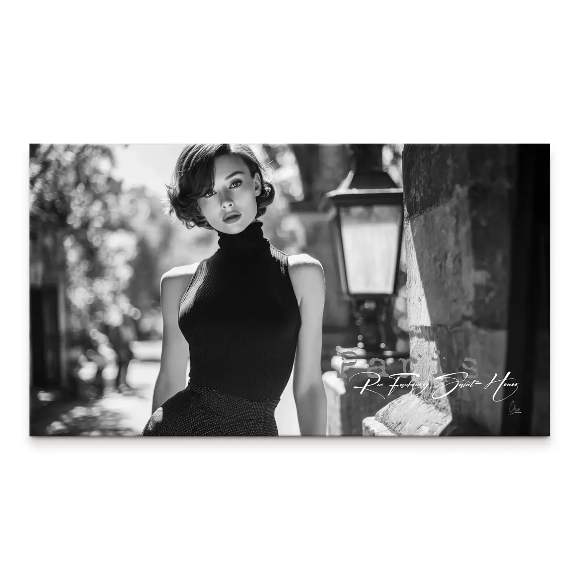 Audrey Hepburn-inspired Paris elegance portrait on grayscale canvas