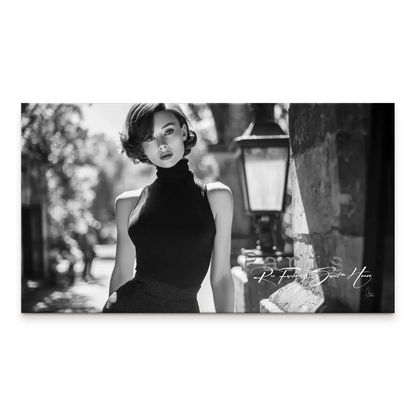Audrey Hepburn-inspired Paris elegance portrait on grayscale canvas
