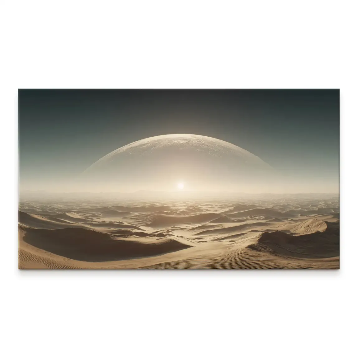 Surreal desert landscape on canvas with rolling dunes and a radiant celestial light on the horizon.