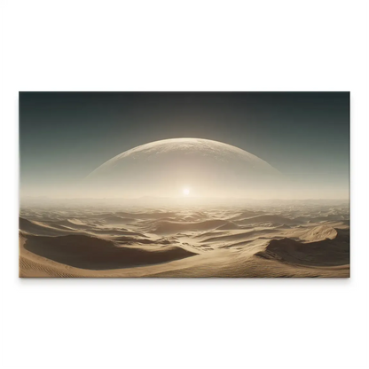 Surreal desert landscape on canvas with rolling dunes and a radiant celestial light on the horizon.