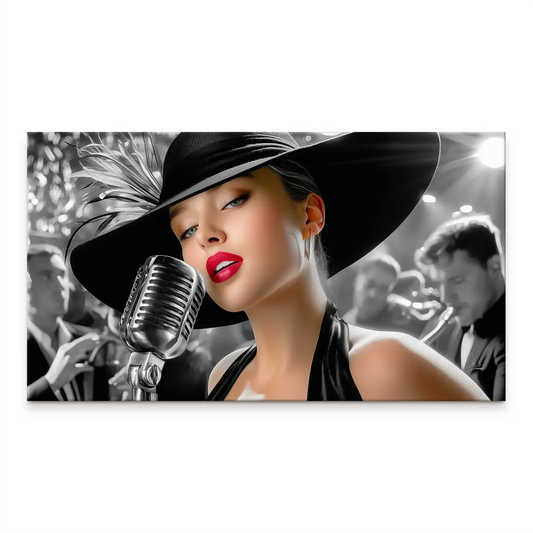 Glamorous female jazz singer wearing a feathered black hat and singing into a vintage microphone in a grayscale jazz club scene.