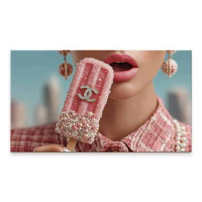 Close-up of a woman's lower face with pink lips about to bite a pink glittery popsicle, pearls and a gold-and-diamond Chanel-style CC logo against a soft blue background.
