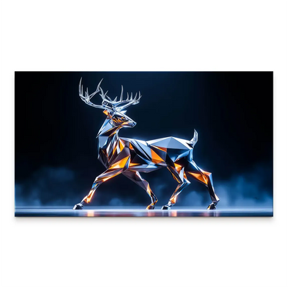 Crystal Deer Canvas Art featuring a geometric stag in metallic silver with orange and amber facets and electric blue highlights against a dark background