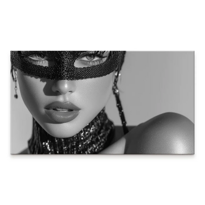 Close-up portrait of a woman wearing a black masquerade mask, matching choker, and elegant earrings in a monochrome setting.