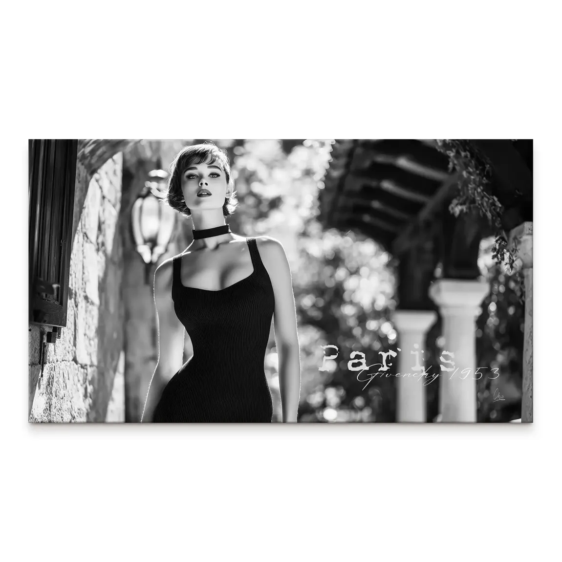 Monochrome canvas print of a glamorous woman in a black dress and choker