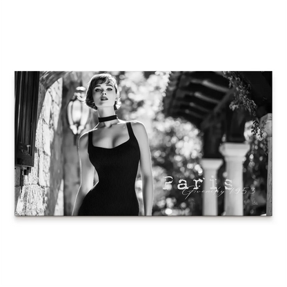 Monochrome canvas print of a glamorous woman in a black dress and choker