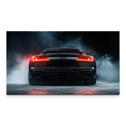 Powerful rear view of an Audi R8 on a dark, smoky canvas with red taillights and twin exhausts.