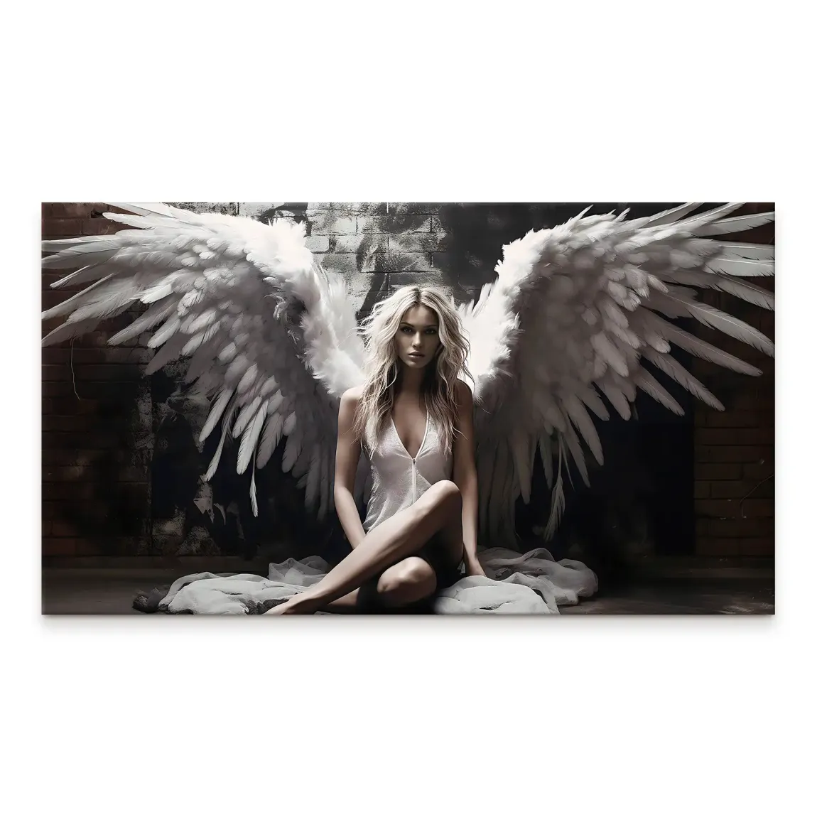 Blonde woman with pristine white angel wings seated against a dark textured backdrop on a canvas print.