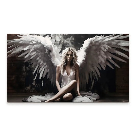 Blonde woman with pristine white angel wings seated against a dark textured backdrop on a canvas print.