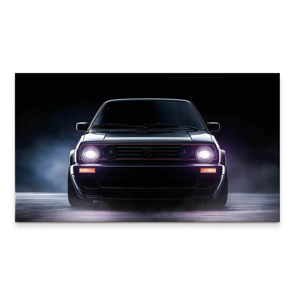 Head-on view of a classic VW Golf Mk2 on a dark smoky backdrop with purple headlights, white beams, orange indicators, and a subtle red grille stripe.