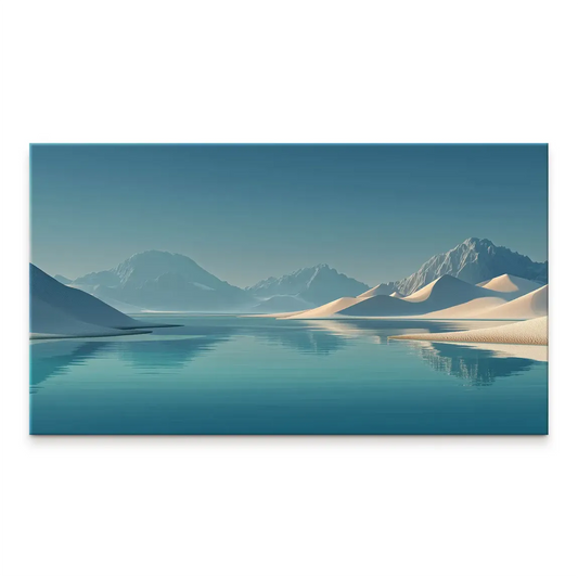 Desert Silence Canvas Print with turquoise water, warm dunes, and distant snow-capped mountains