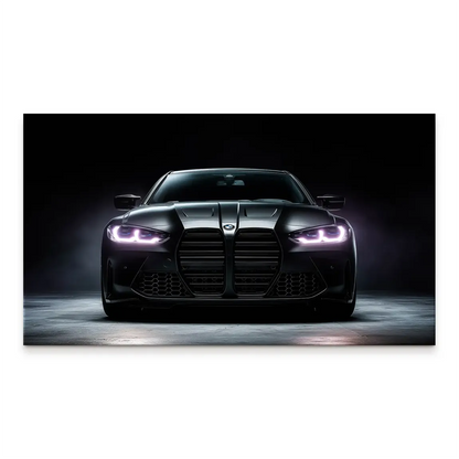 Front-on view of a dark BMW M4 on a black canvas print with purple-pink headlights